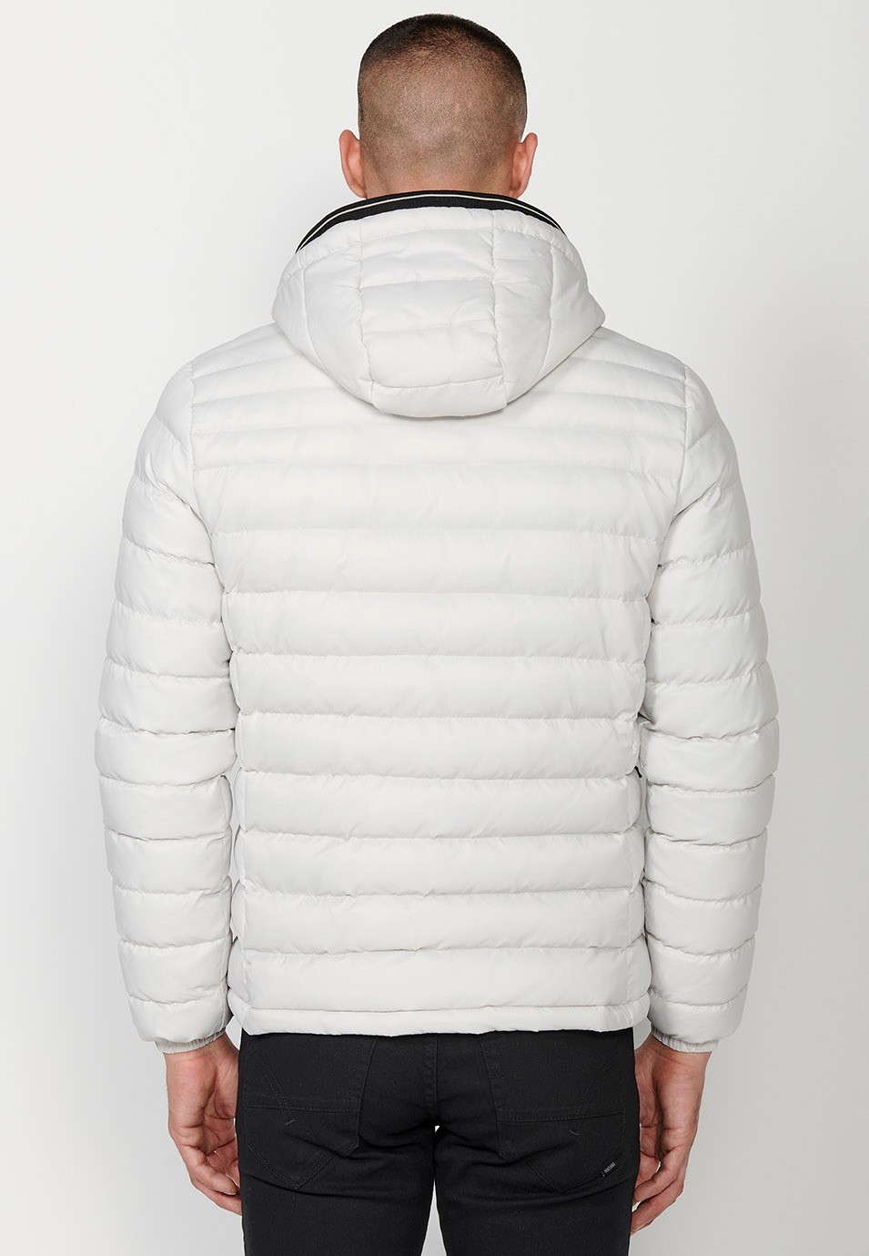 Mens Quilted Hooded Collar Zip Front Closure Pockets Jacket in White 6