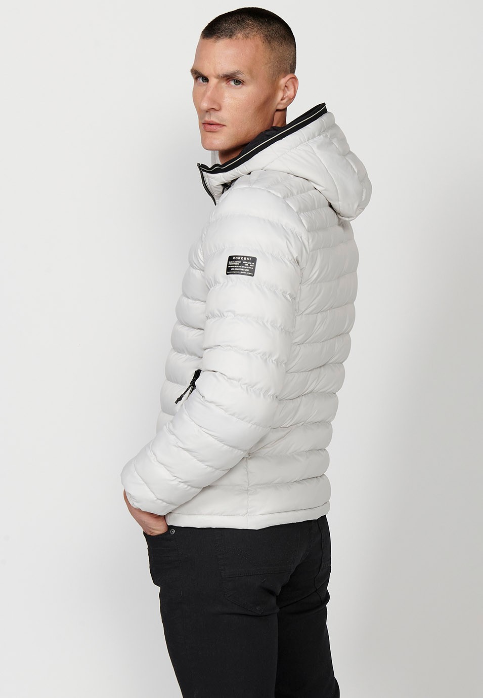 Mens Quilted Hooded Collar Zip Front Closure Pockets Jacket in White 7