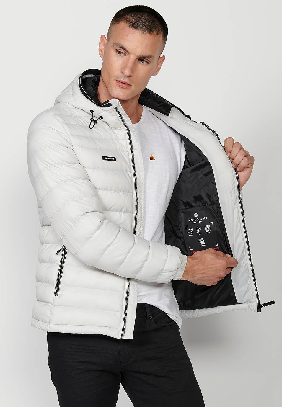 Mens Quilted Hooded Collar Zip Front Closure Pockets Jacket in White 9