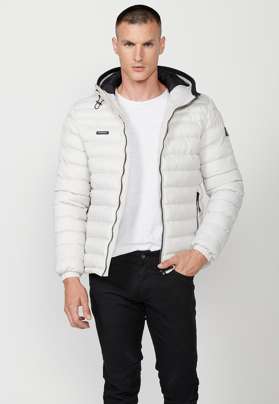 Mens Quilted Hooded Collar Zip Front Closure Pockets Jacket in White 8