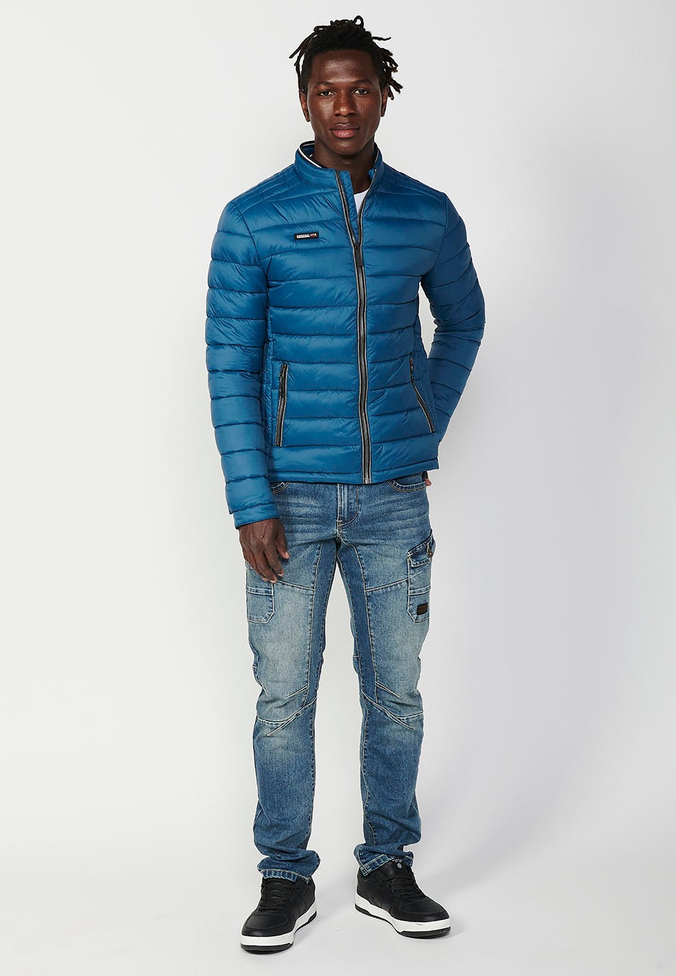 Mens Quilted Jacket with Stand Collar and Front Zip Closure in Blue 5