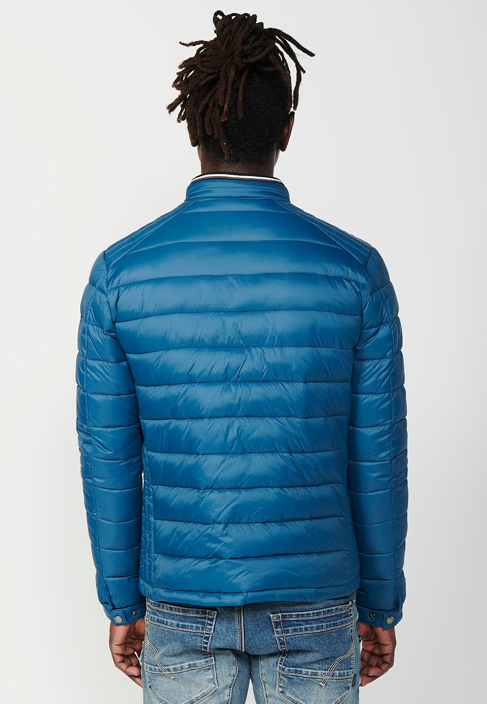 Mens Quilted Jacket with Stand Collar and Front Zip Closure in Blue 8