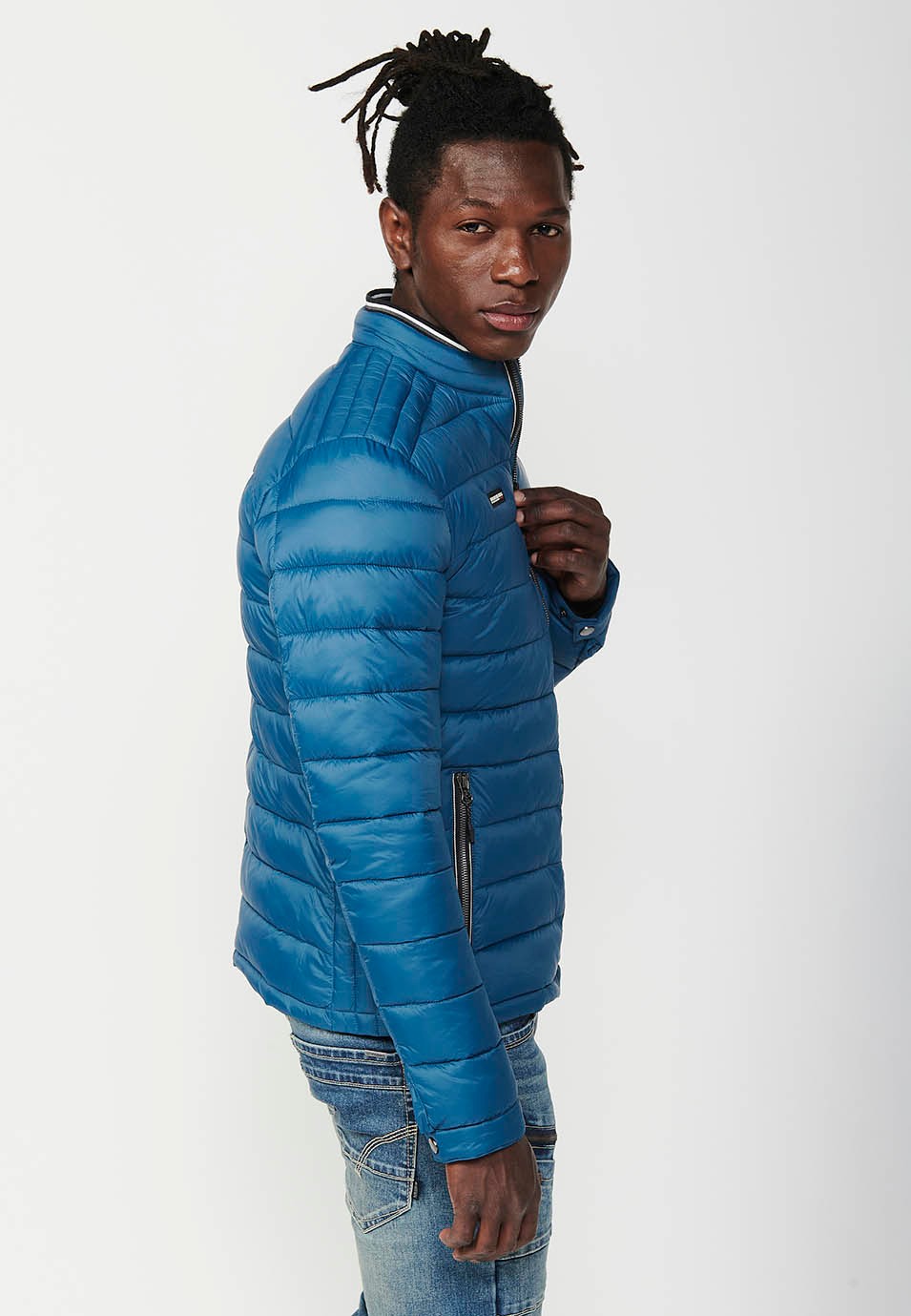 Mens Quilted Jacket with Stand Collar and Front Zip Closure in Blue 3