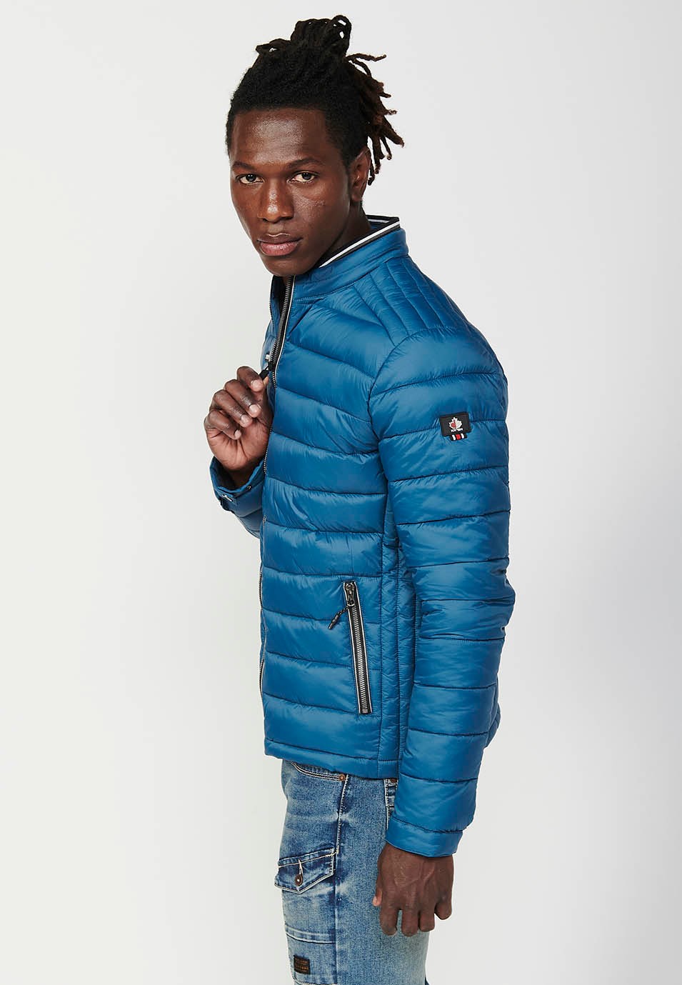 Mens Quilted Jacket with Stand Collar and Front Zip Closure in Blue 4