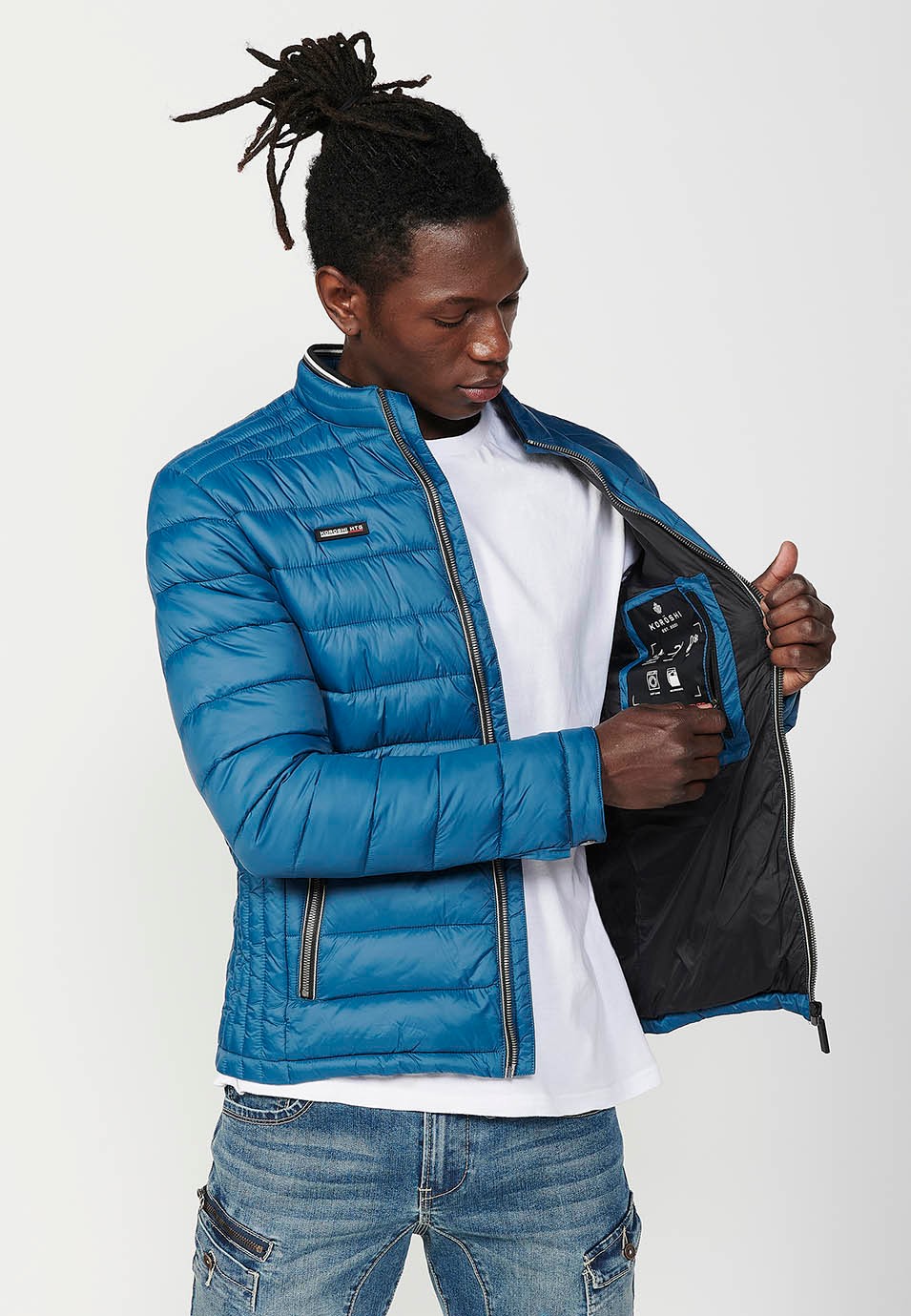 Mens Quilted Jacket with Stand Collar and Front Zip Closure in Blue 6