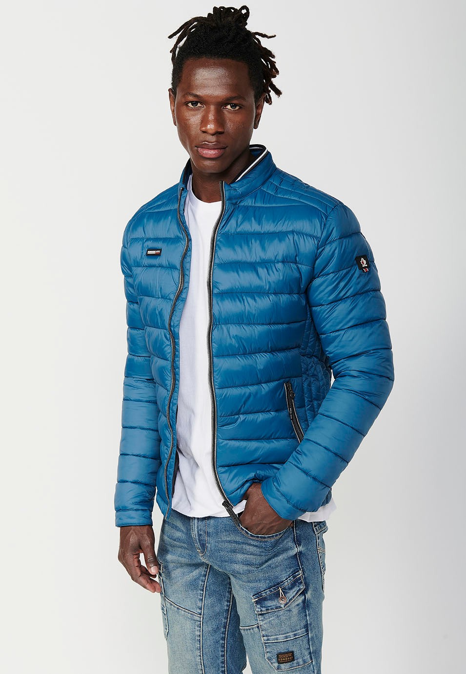 Mens Quilted Jacket with Stand Collar and Front Zip Closure in Blue 7