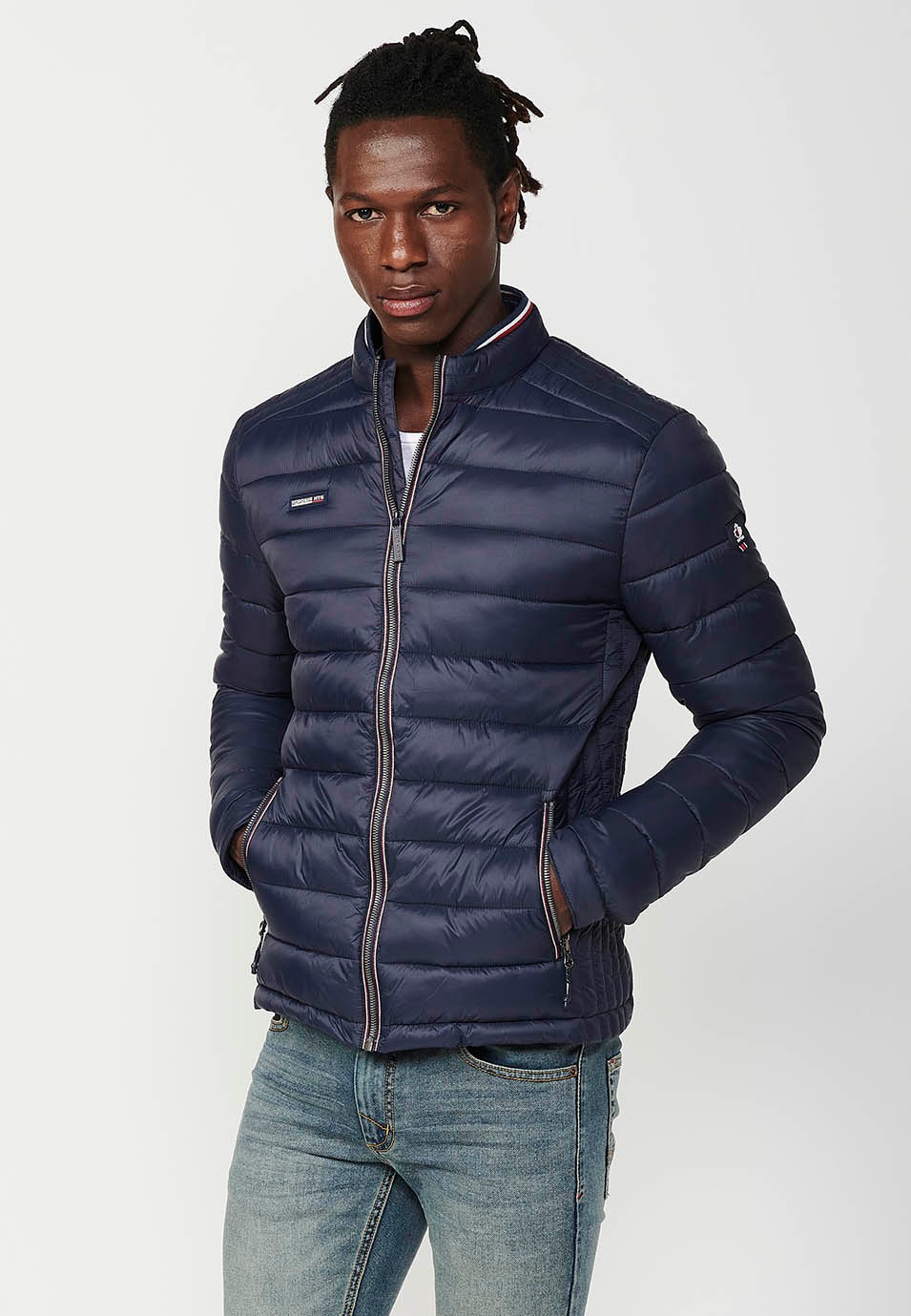 Mens Quilted Jacket with Stand Collar and Zip Front Closure in Navy