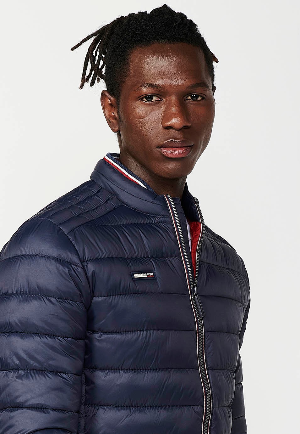 Mens Quilted Jacket with Stand Collar and Zip Front Closure in Navy 2