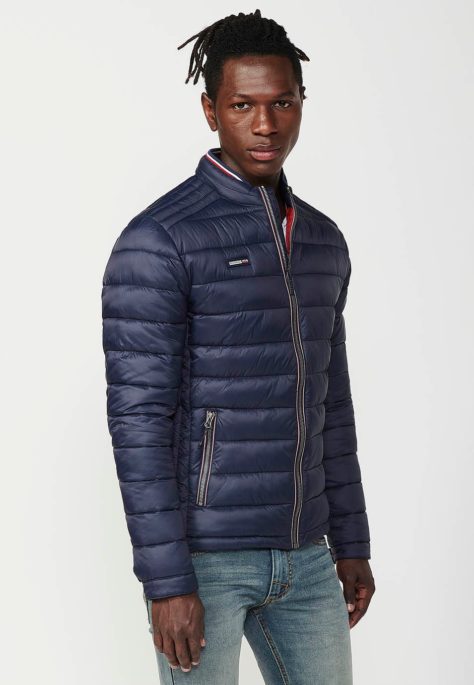 Mens Quilted Jacket with Stand Collar and Zip Front Closure in Navy 8