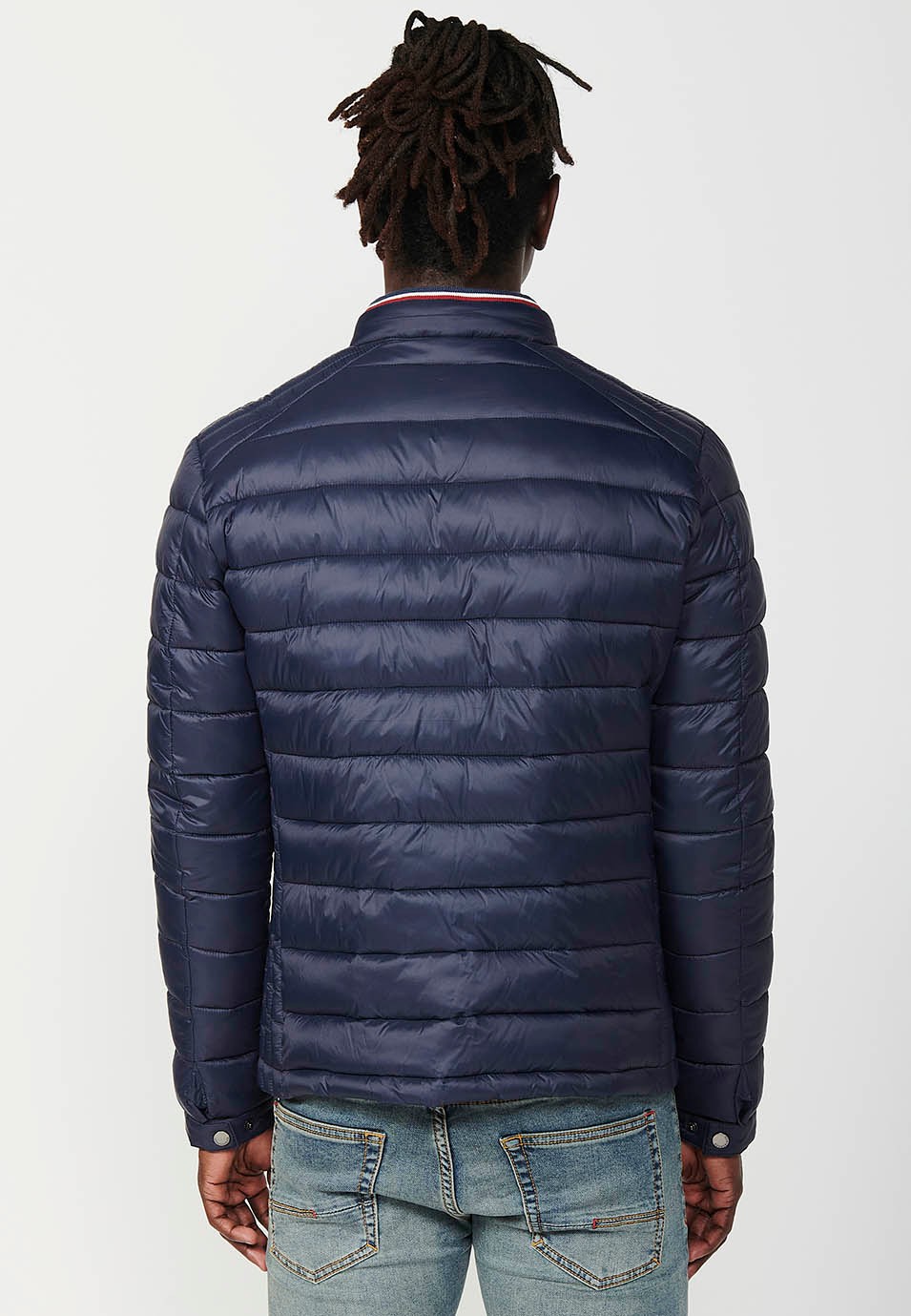 Mens Quilted Jacket with Stand Collar and Zip Front Closure in Navy 7