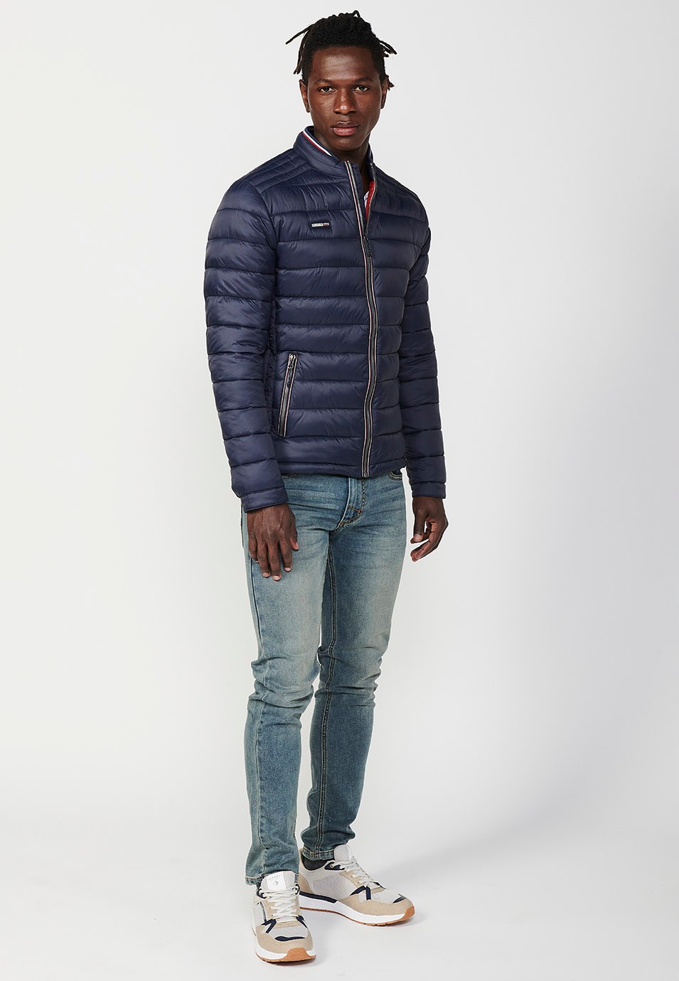 Mens Quilted Jacket with Stand Collar and Zip Front Closure in Navy 3