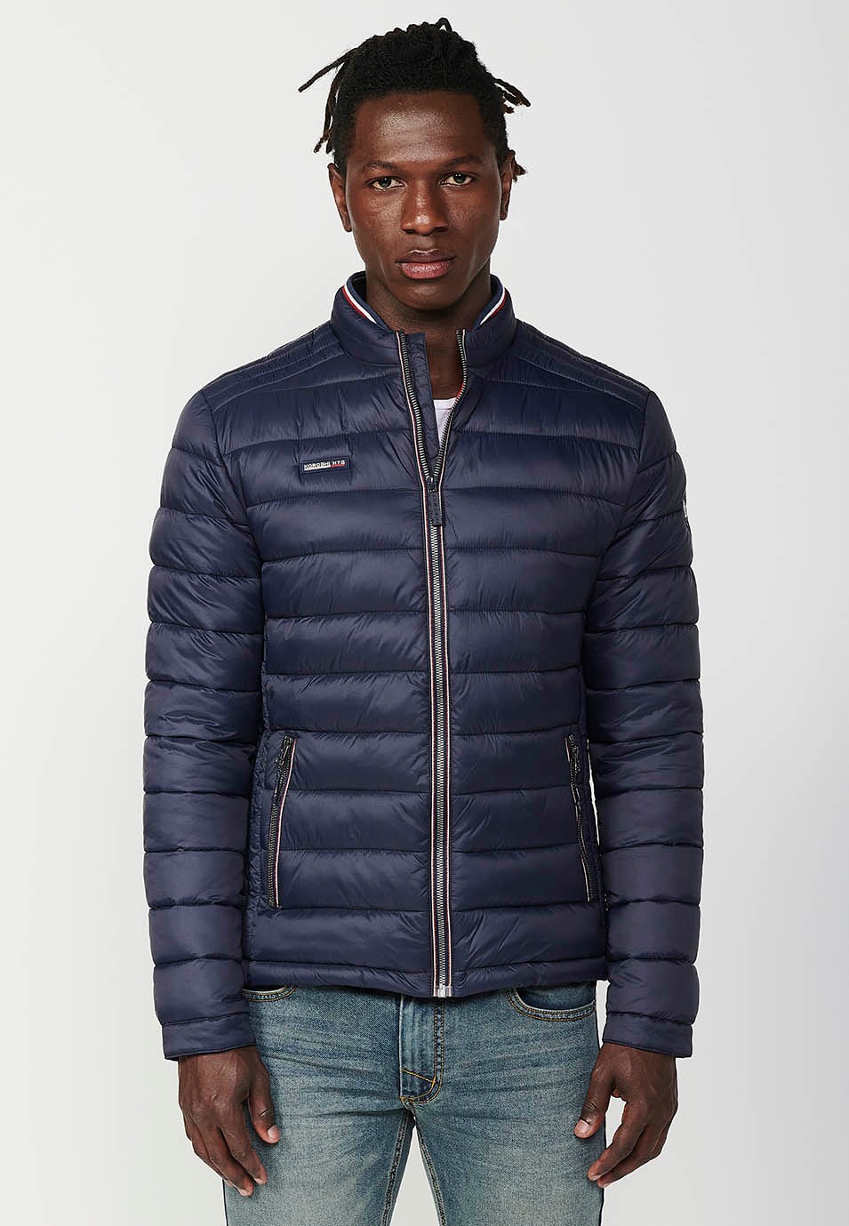 Mens Quilted Jacket with Stand Collar and Zip Front Closure in Navy 5