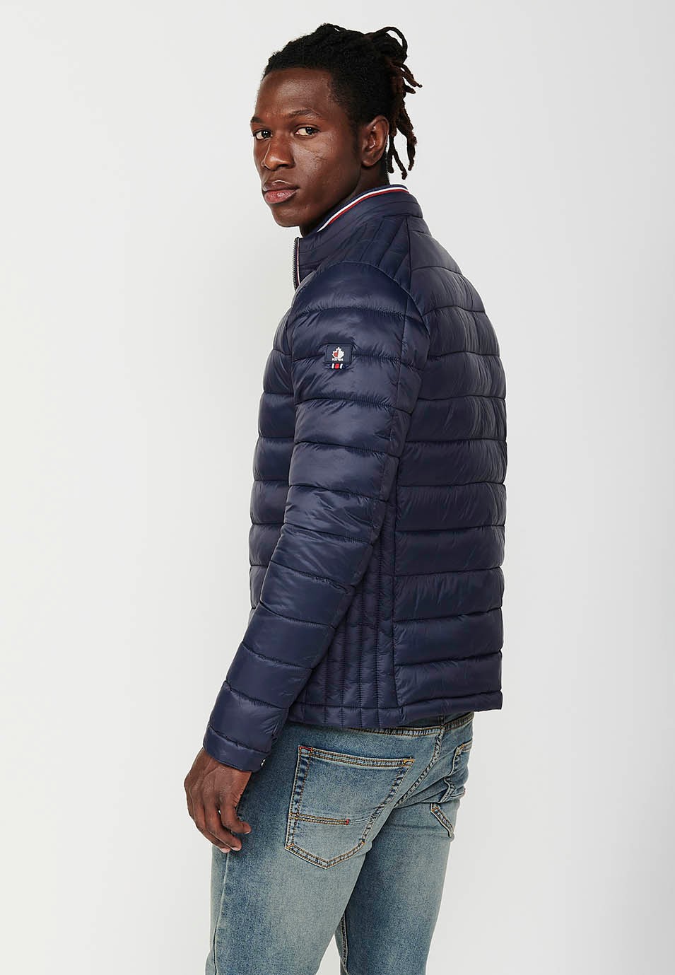 Mens Quilted Jacket with Stand Collar and Zip Front Closure in Navy 1