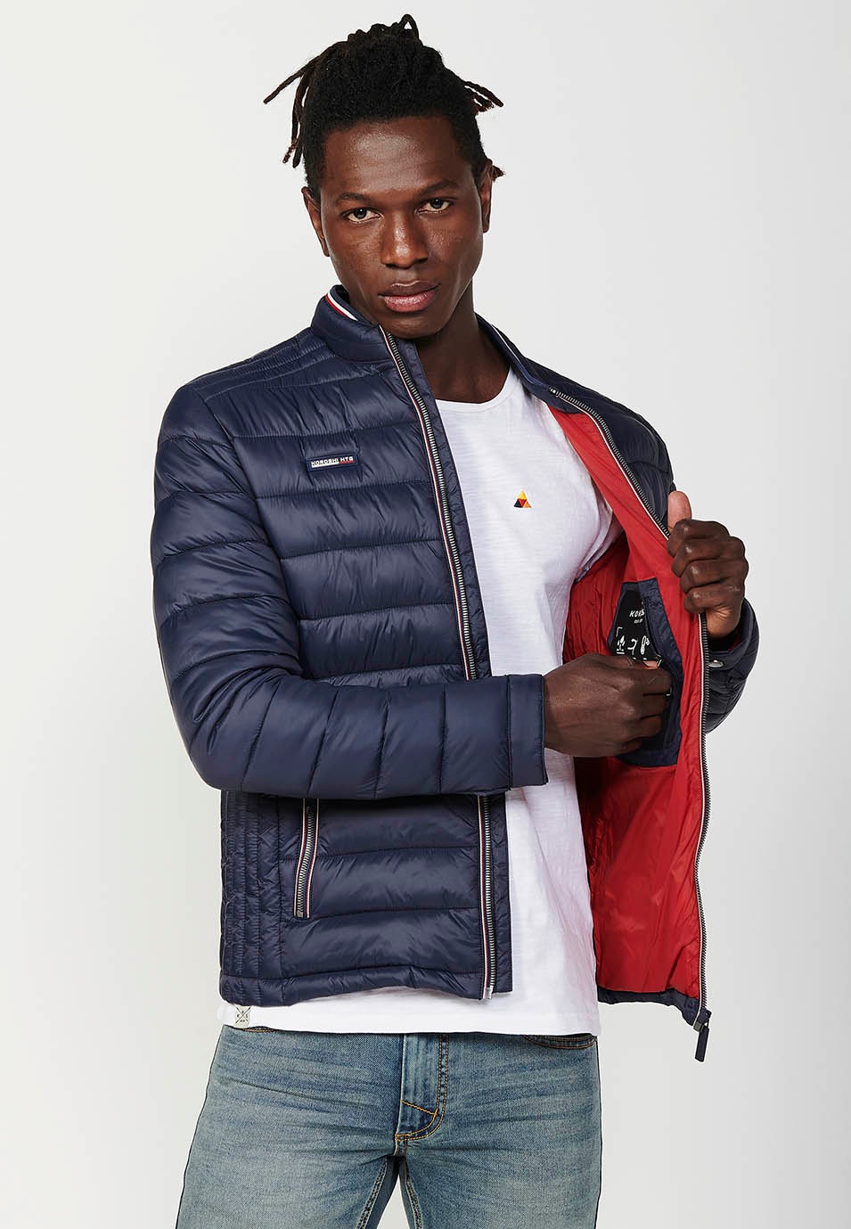 Mens Quilted Jacket with Stand Collar and Zip Front Closure in Navy 4