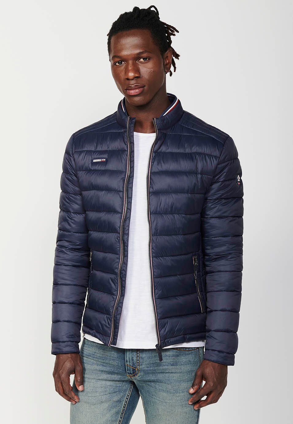 Mens Quilted Jacket with Stand Collar and Zip Front Closure in Navy 6