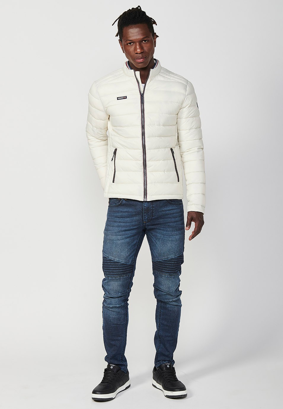 Mens Quilted Jacket with Stand Collar and Zip Front Closure in Cream 8