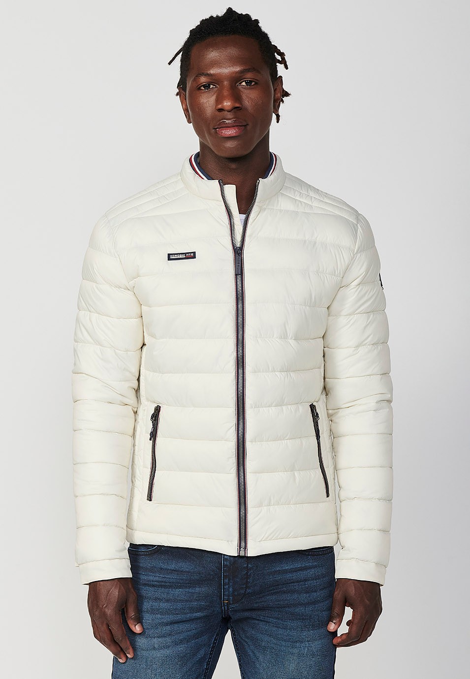 Mens Quilted Jacket with Stand Collar and Zip Front Closure in Cream 6