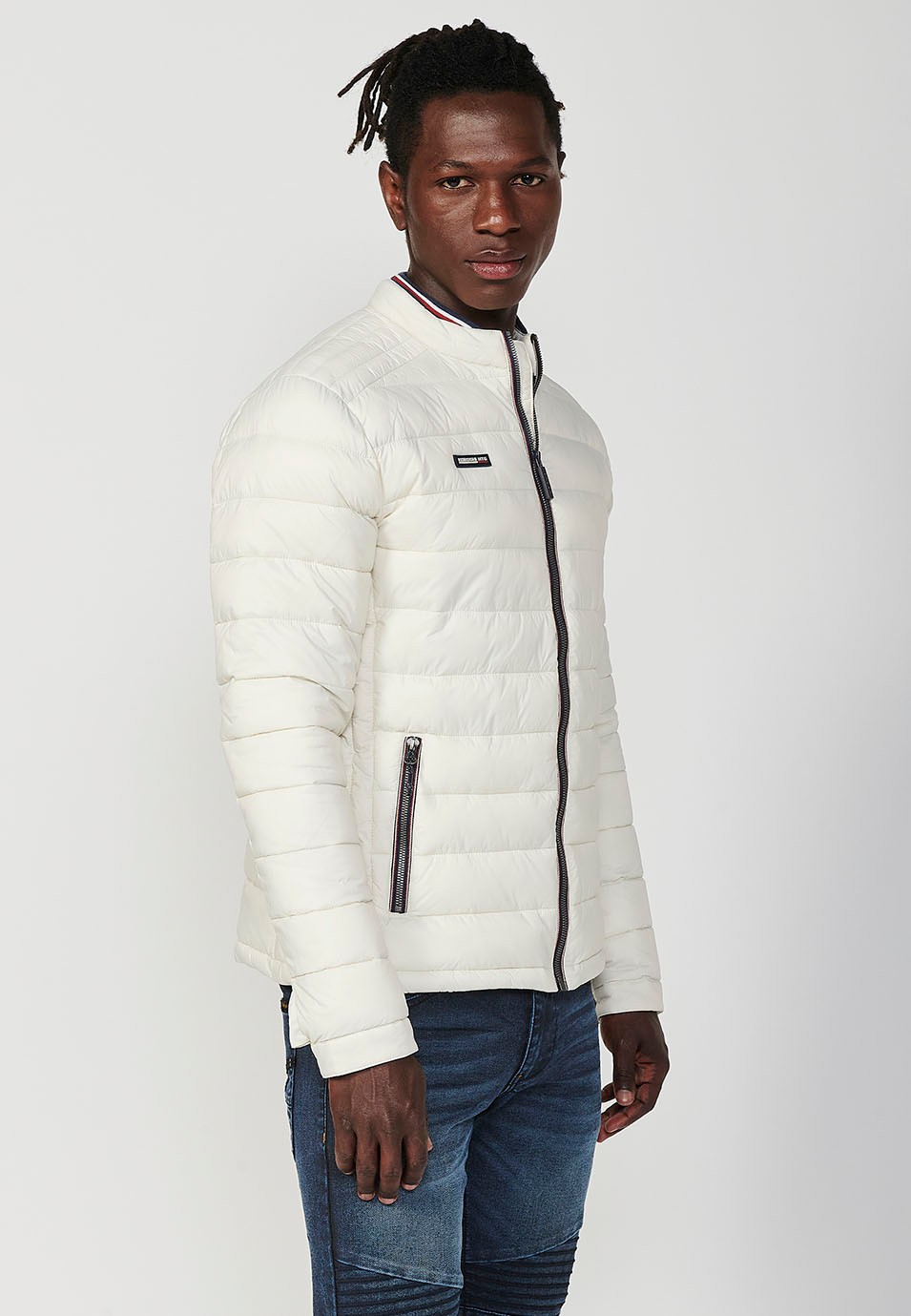 Mens Quilted Jacket with Stand Collar and Zip Front Closure in Cream 2