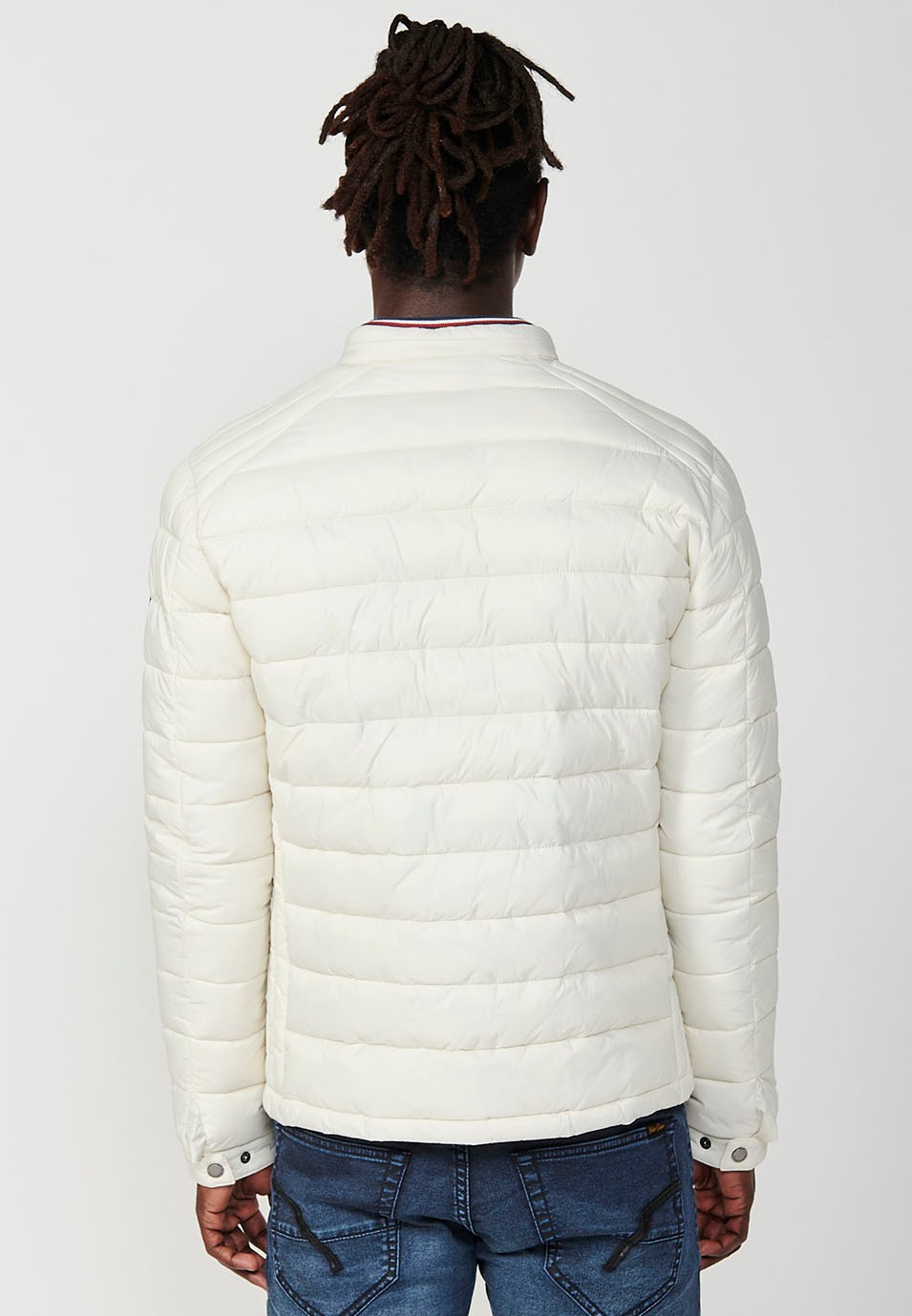 Mens Quilted Jacket with Stand Collar and Zip Front Closure in Cream 1