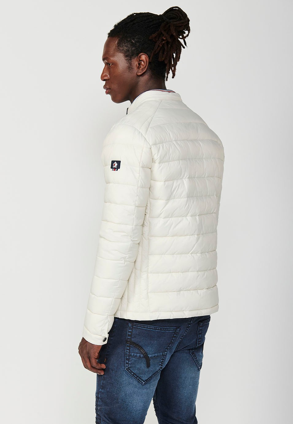 Mens Quilted Jacket with Stand Collar and Zip Front Closure in Cream 5