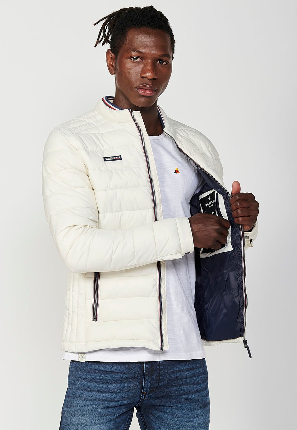 Mens Quilted Jacket with Stand Collar and Zip Front Closure in Cream 3