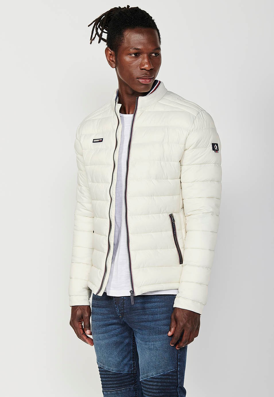 Mens Quilted Jacket with Stand Collar and Zip Front Closure in Cream 7