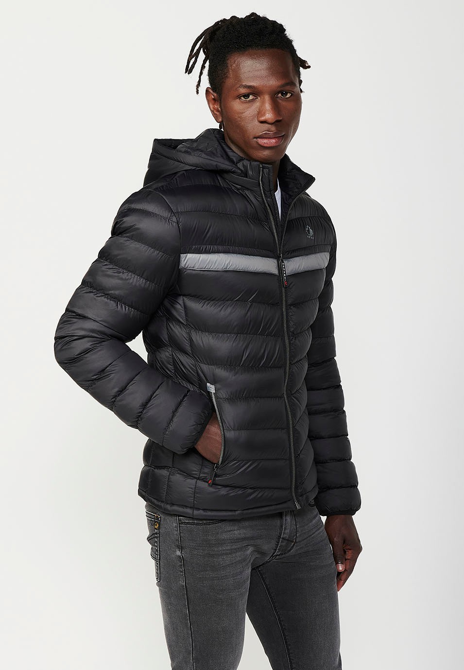 Padded Jacket with High Neck and Hood and Front Zip Closure in Black for Men