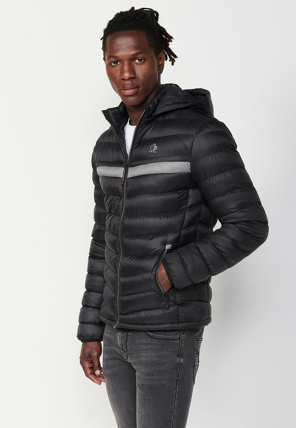 Padded Jacket with High Neck and Hood and Front Zip Closure in Black for Men 5