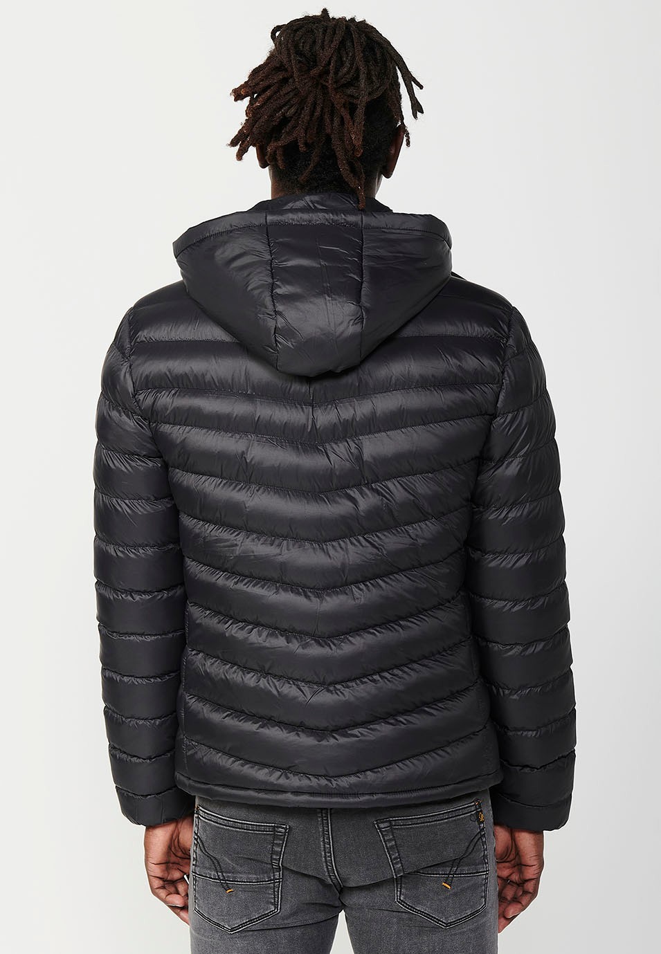 Padded Jacket with High Neck and Hood and Front Zip Closure in Black for Men 6