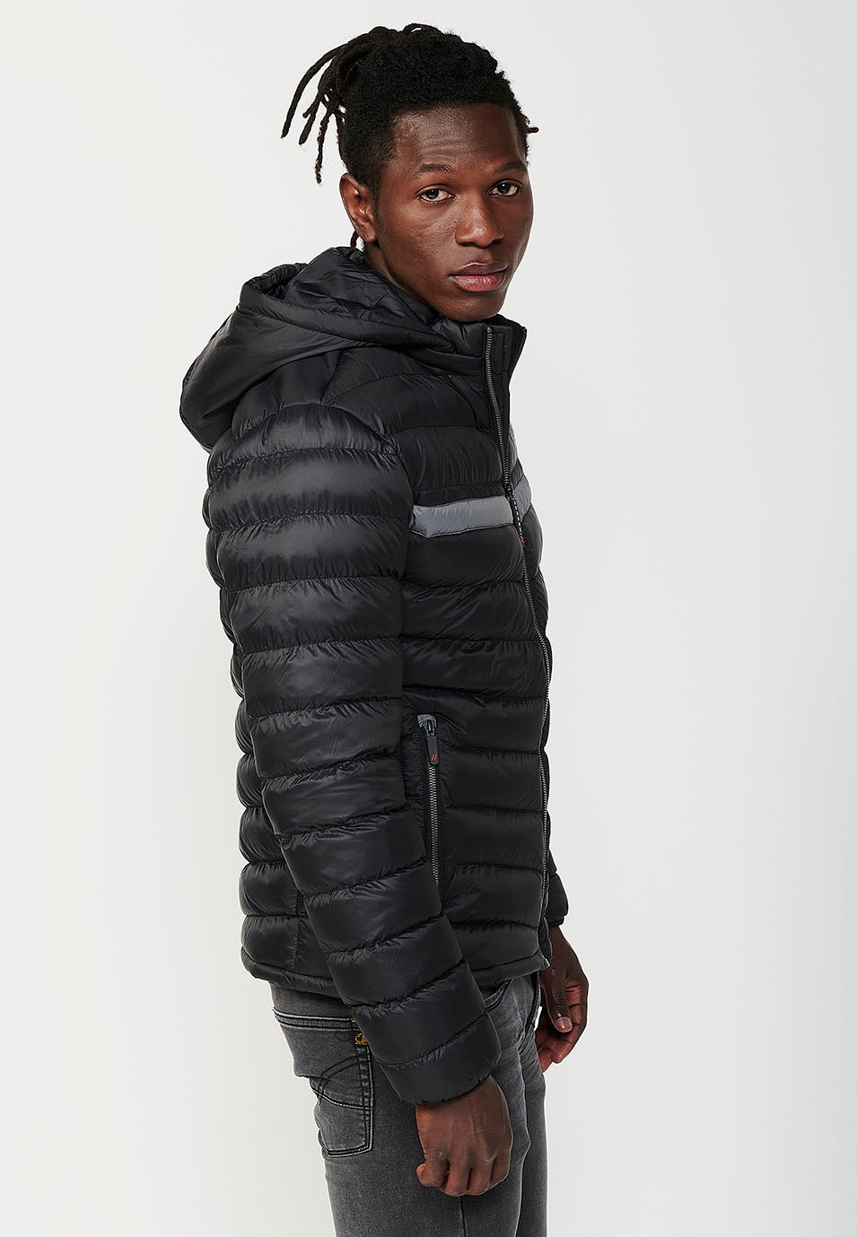 Padded Jacket with High Neck and Hood and Front Zip Closure in Black for Men 4