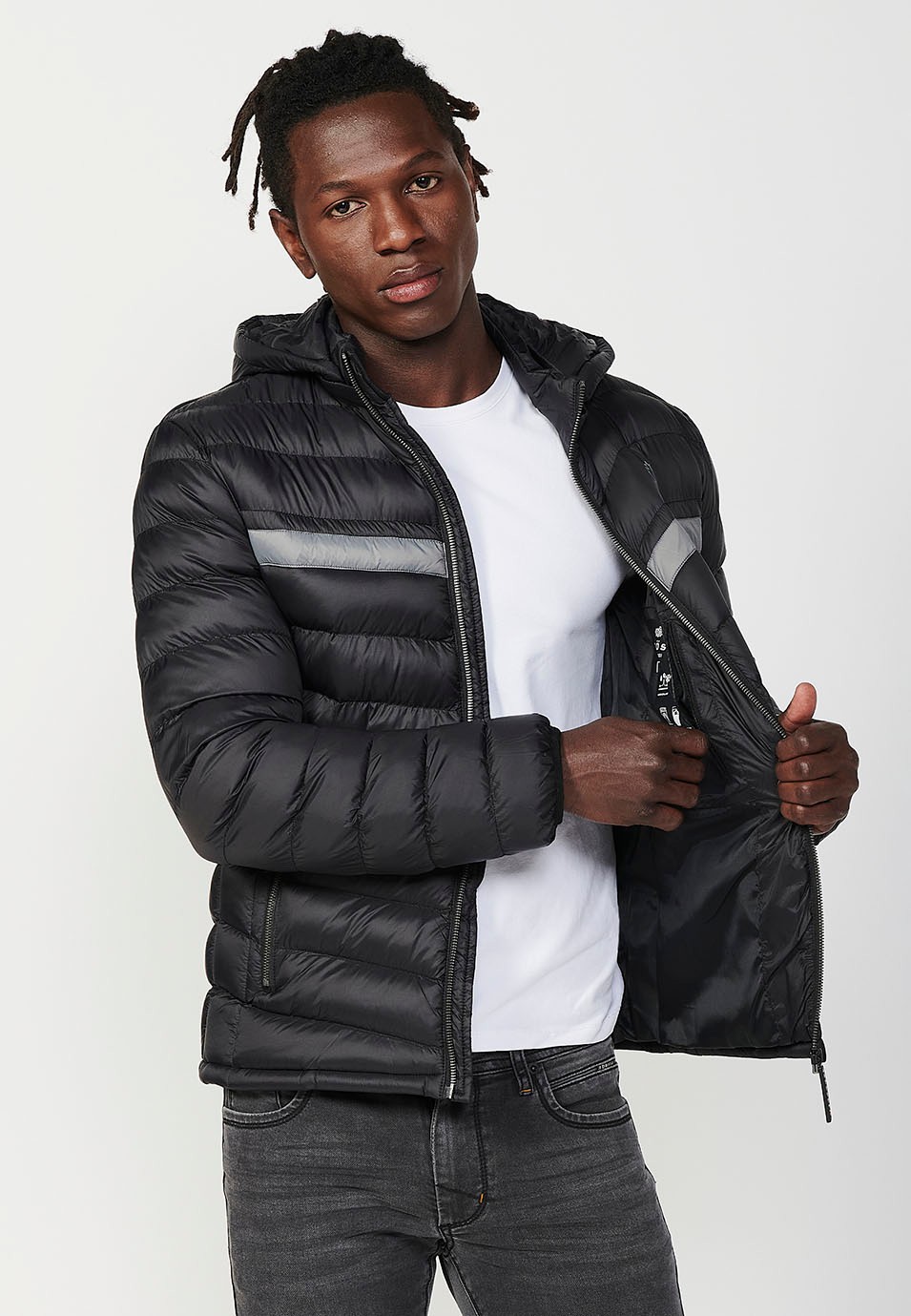 Padded Jacket with High Neck and Hood and Front Zip Closure in Black for Men 8