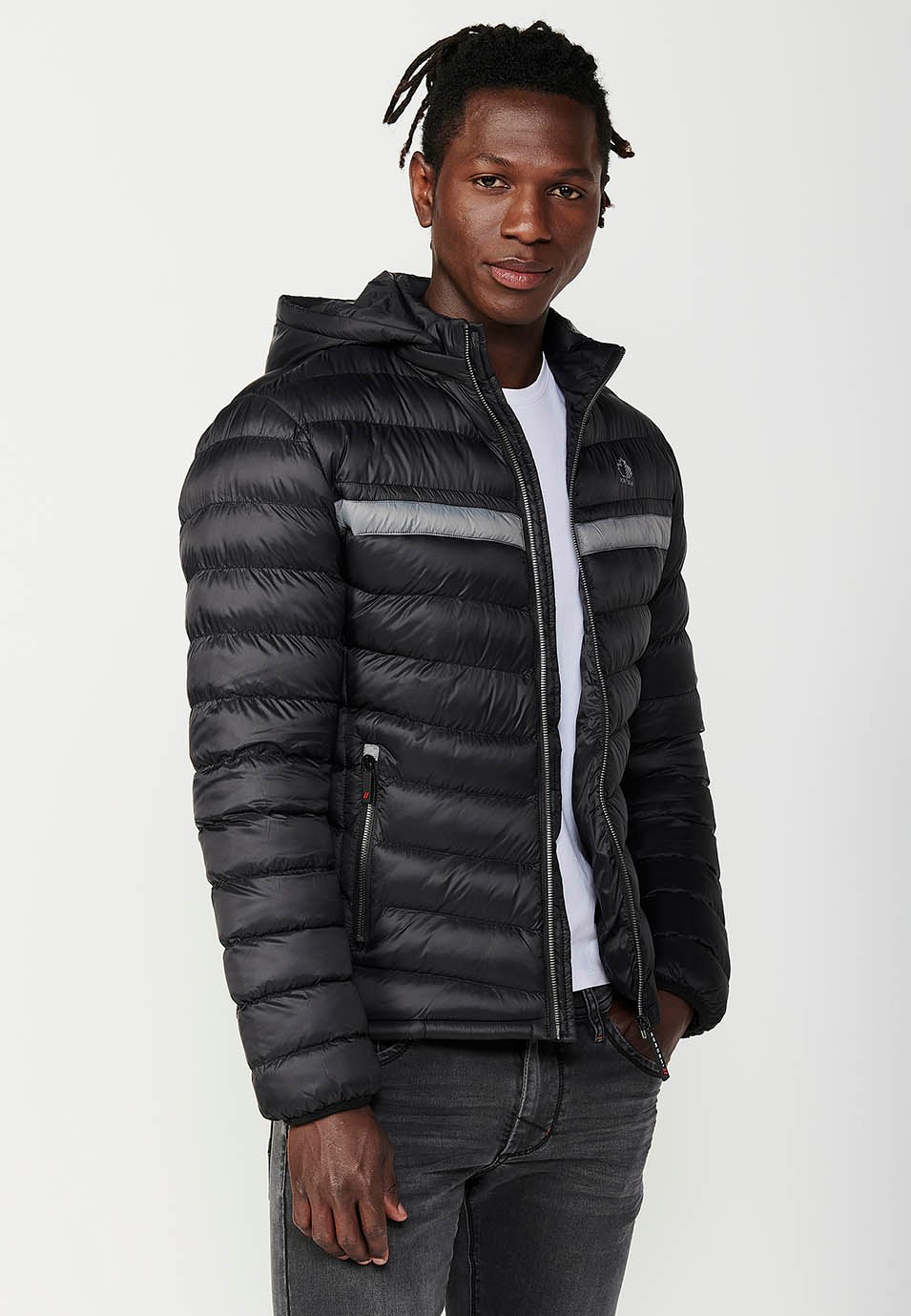 Padded Jacket with High Neck and Hood and Front Zip Closure in Black for Men 7