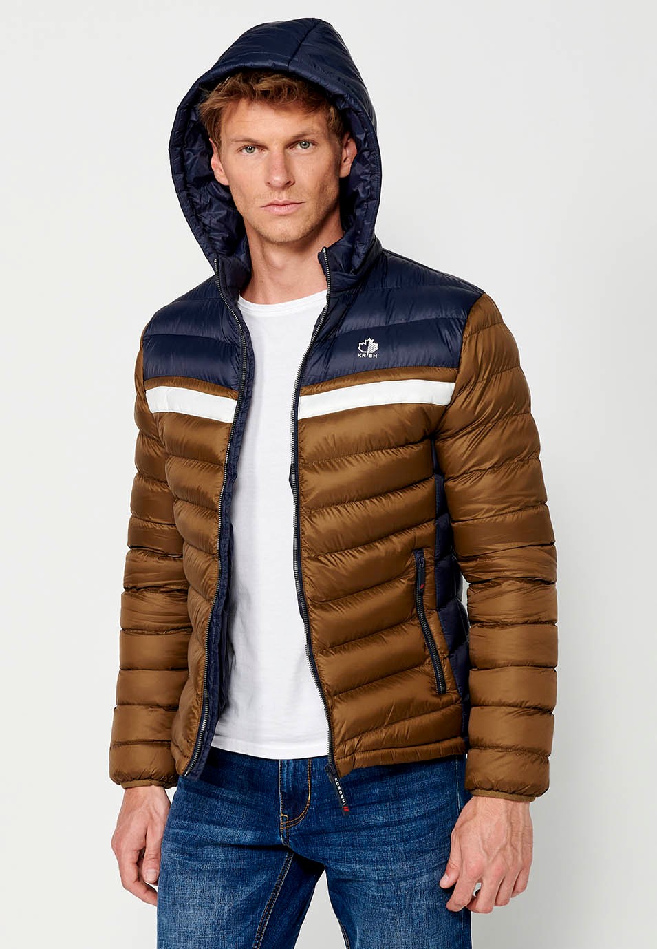 Padded Jacket with High Neck and Hood and Front Zip Closure in Brown for Men 8