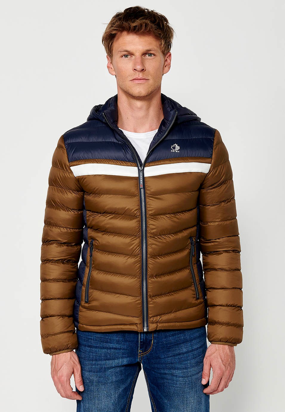 Padded Jacket with High Neck and Hood and Front Zip Closure in Brown for Men