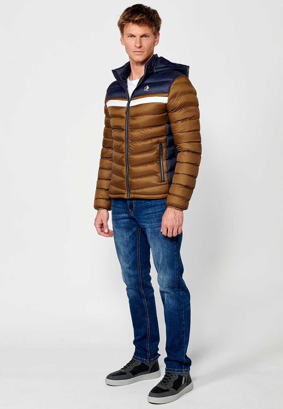 Padded Jacket with High Neck and Hood and Front Zip Closure in Brown for Men 3