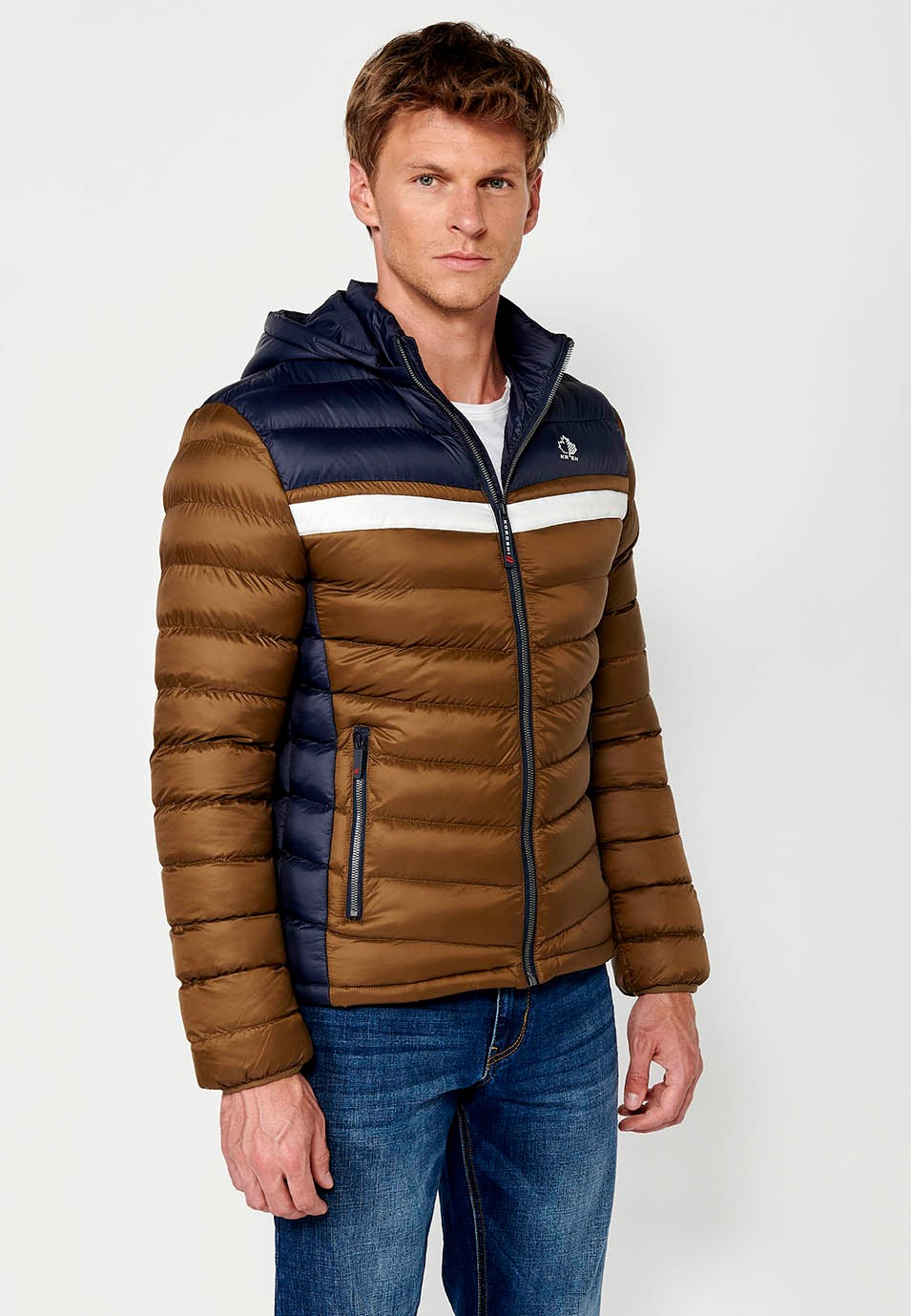 Padded Jacket with High Neck and Hood and Front Zip Closure in Brown for Men 1