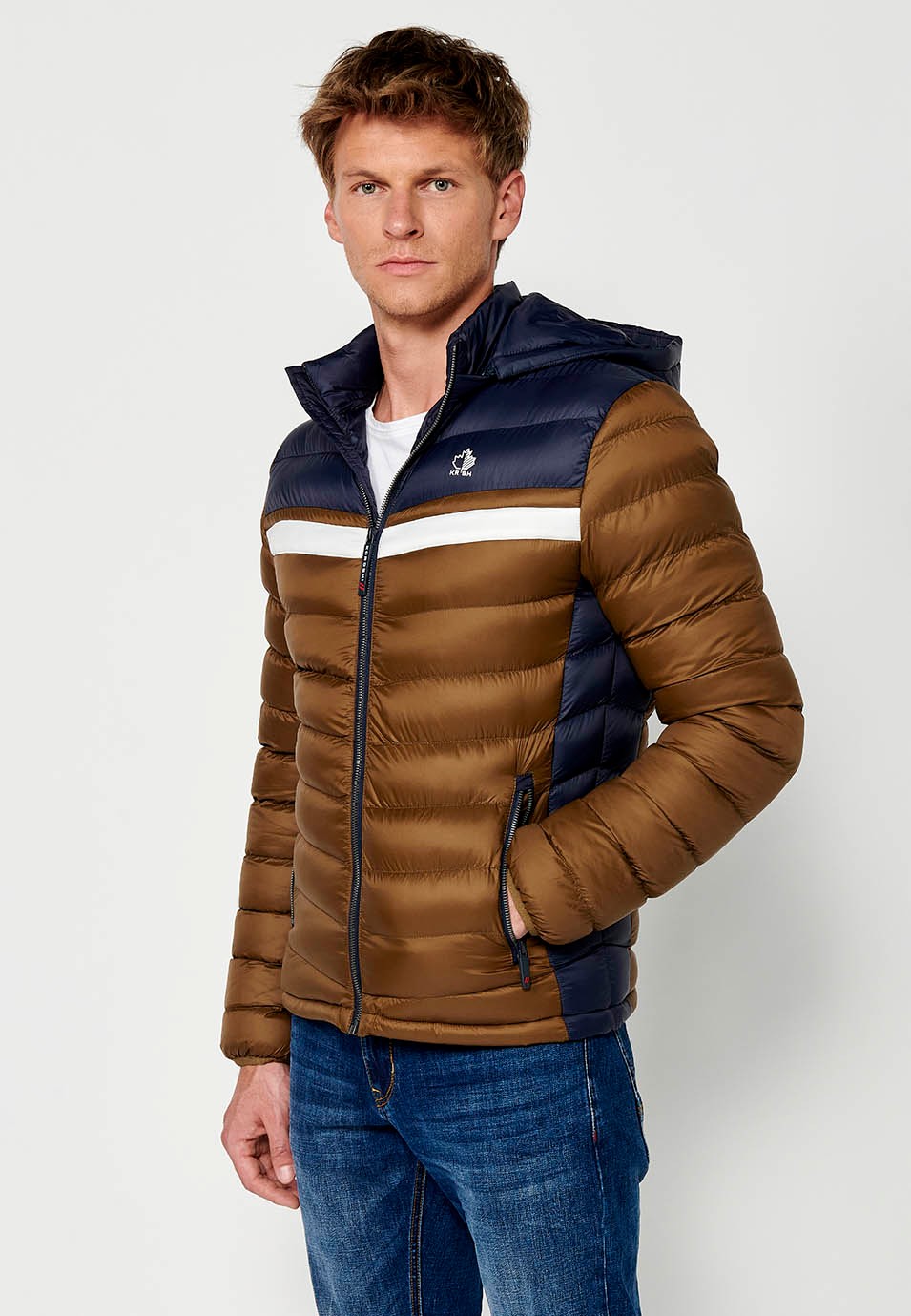 Padded Jacket with High Neck and Hood and Front Zip Closure in Brown for Men 2