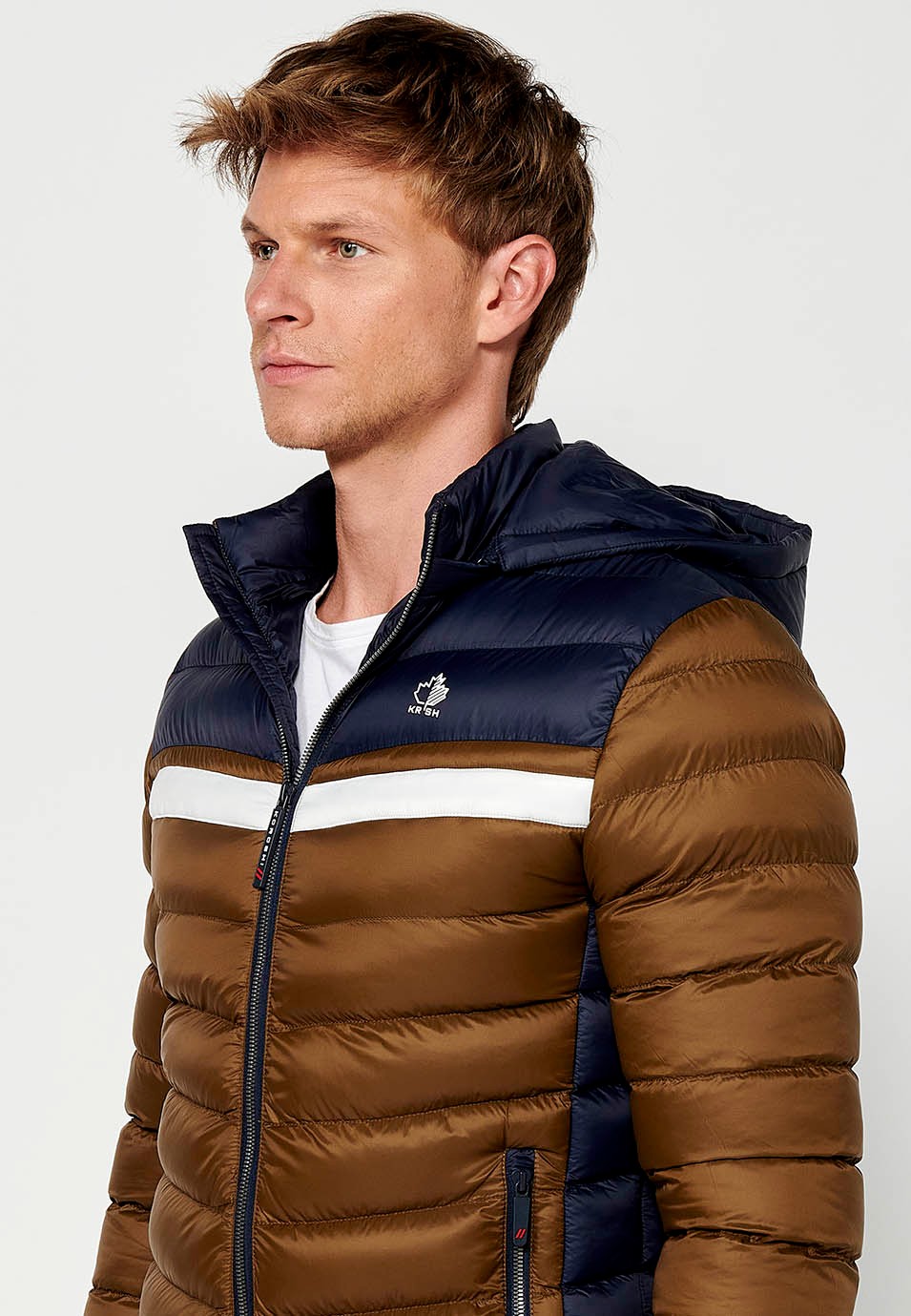 Padded Jacket with High Neck and Hood and Front Zip Closure in Brown for Men 6