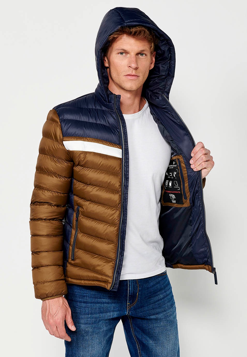 Padded Jacket with High Neck and Hood and Front Zip Closure in Brown for Men 7