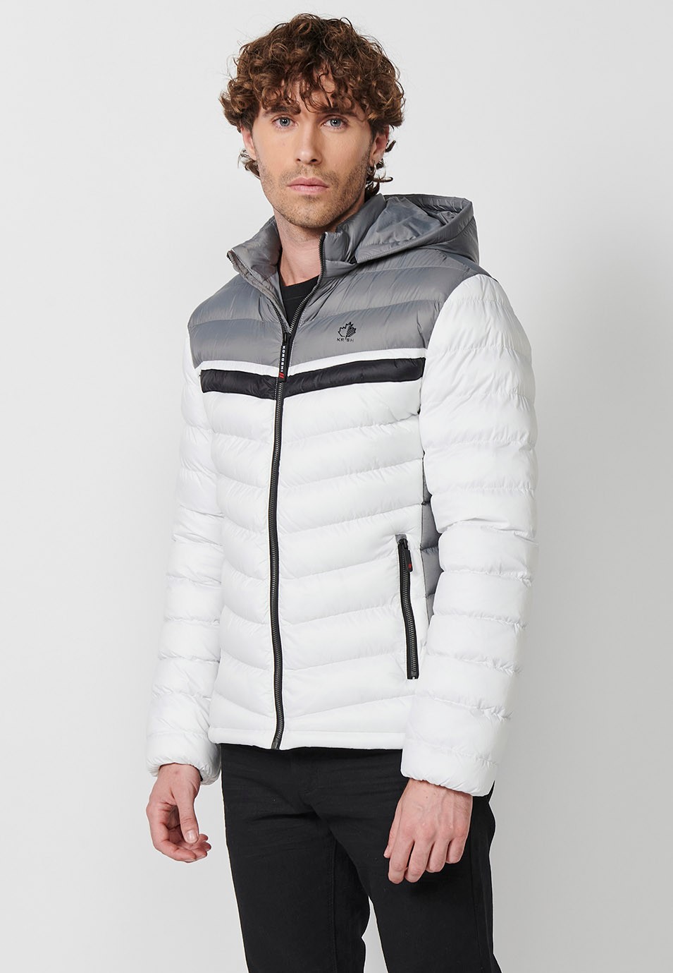 Padded Jacket with High Neck and Hood and Front Zip Closure in Ecru for Men