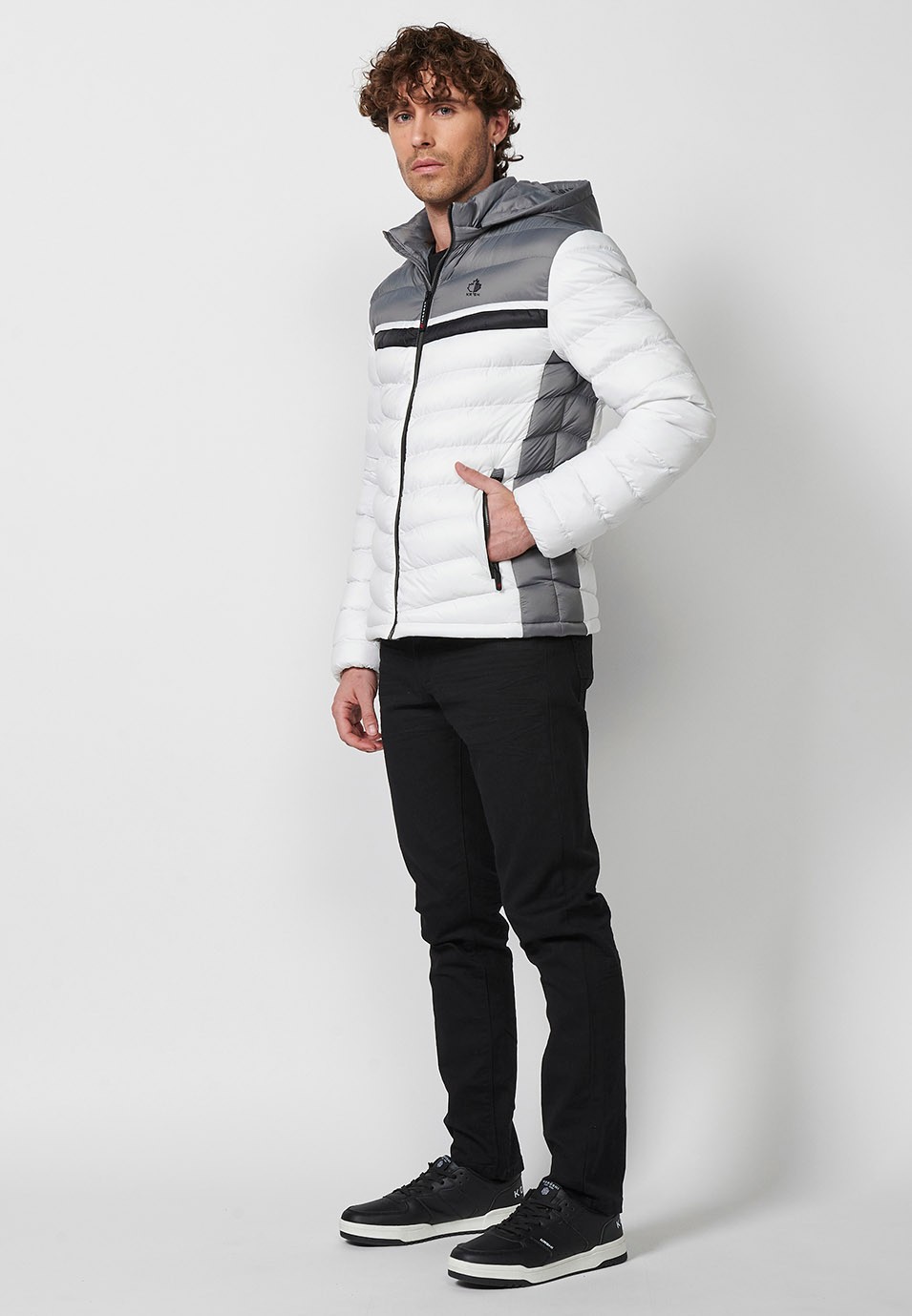 Padded Jacket with High Neck and Hood and Front Zip Closure in Ecru for Men 1