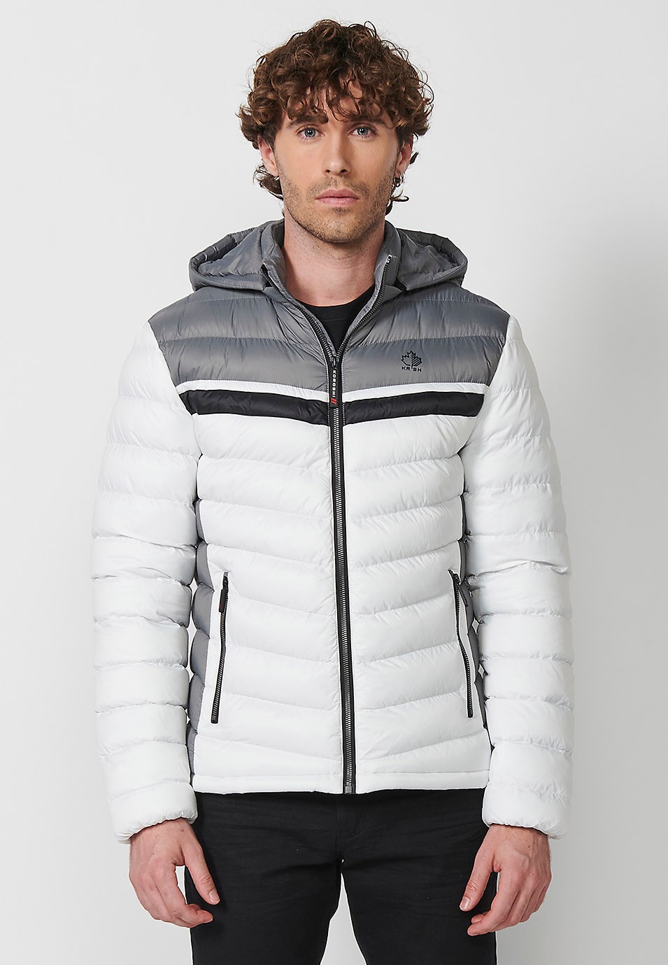 Padded Jacket with High Neck and Hood and Front Zip Closure in Ecru for Men 2