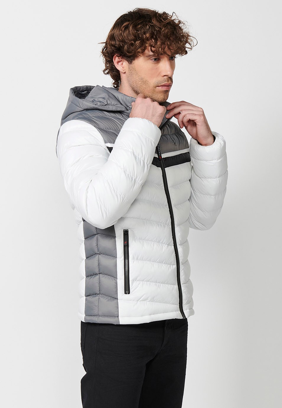 Padded Jacket with High Neck and Hood and Front Zip Closure in Ecru for Men 3