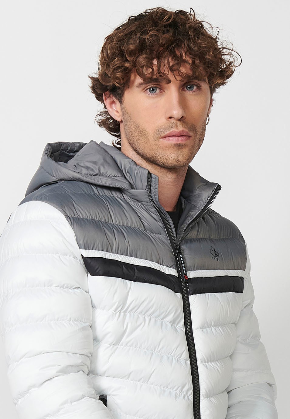 Padded Jacket with High Neck and Hood and Front Zip Closure in Ecru for Men 6