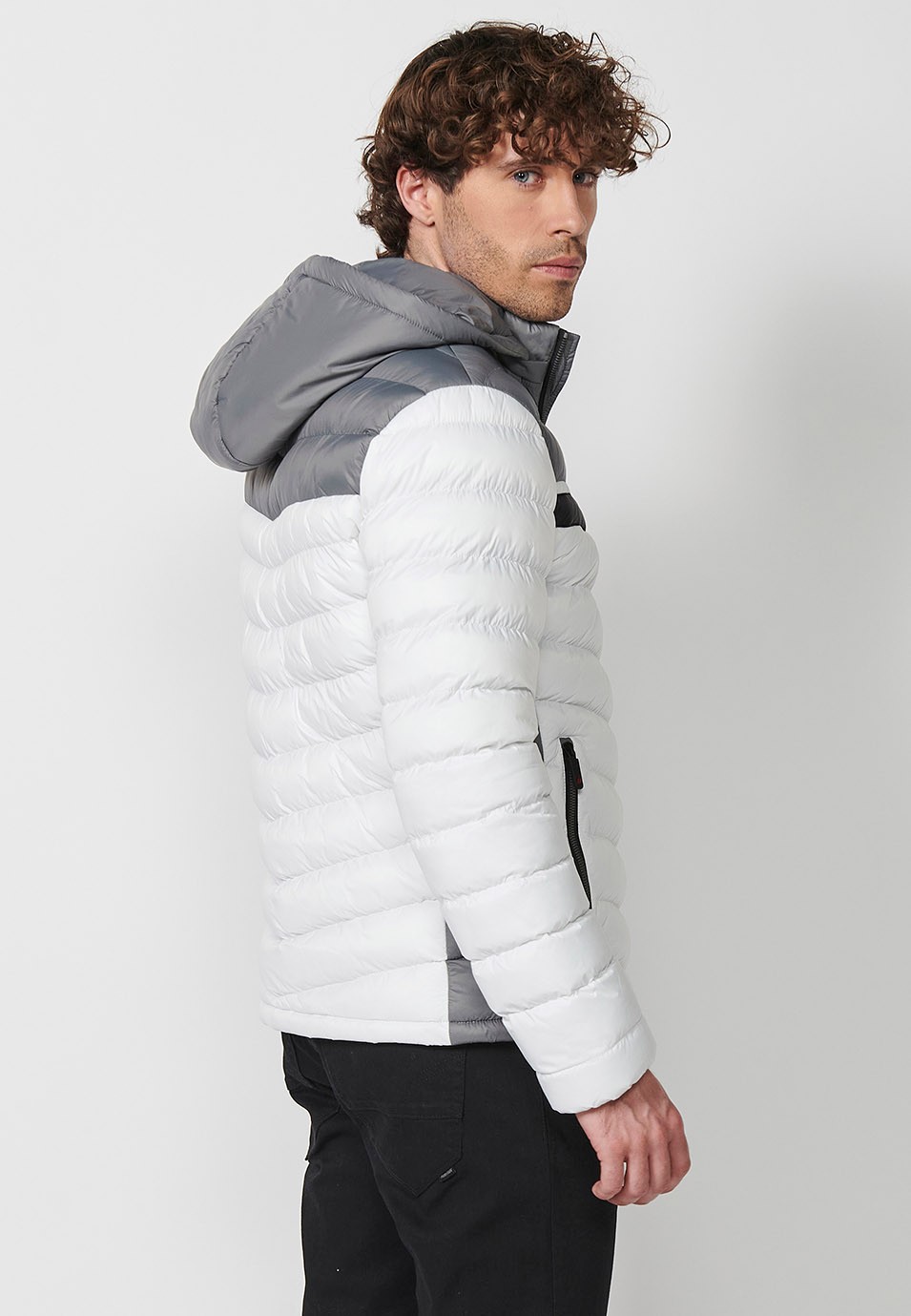 Padded Jacket with High Neck and Hood and Front Zip Closure in Ecru for Men 5