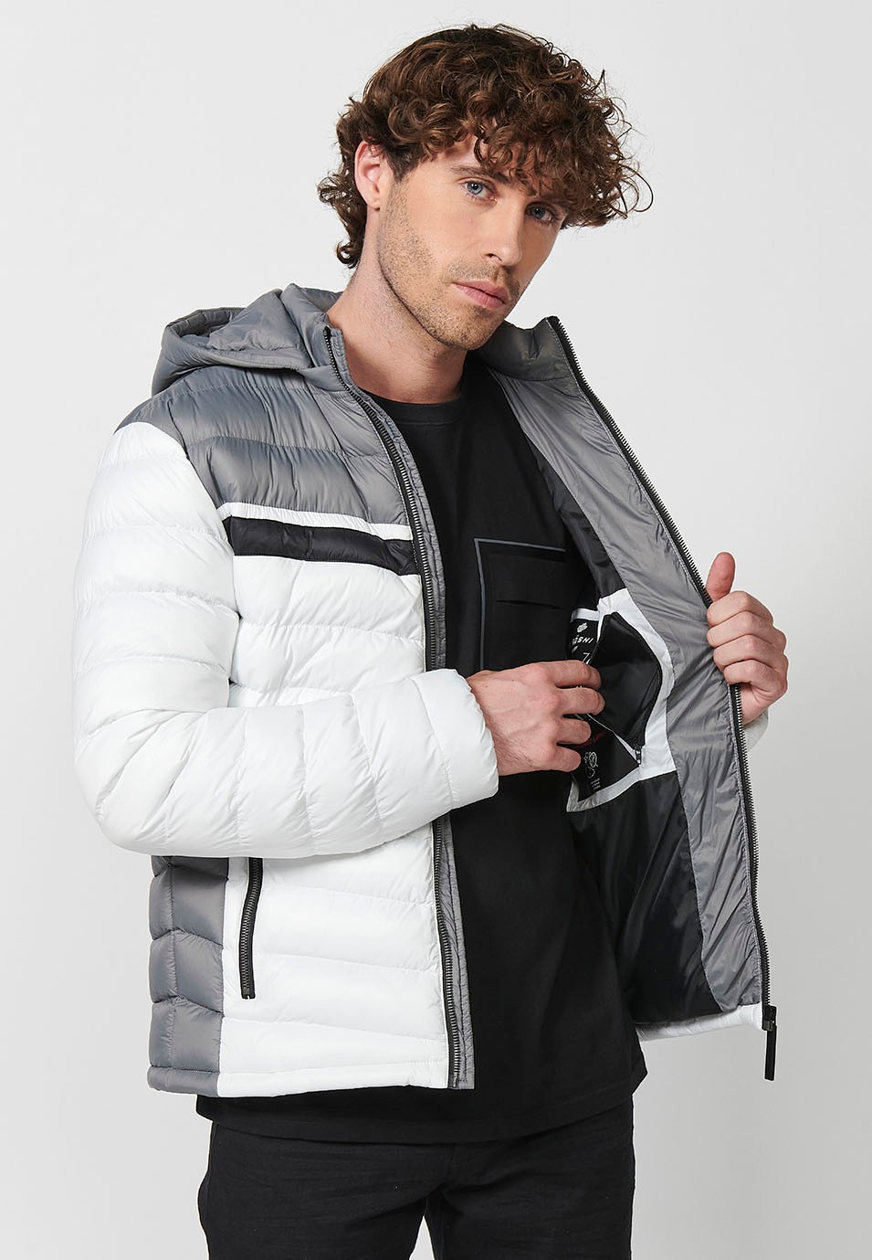 Padded Jacket with High Neck and Hood and Front Zip Closure in Ecru for Men 8