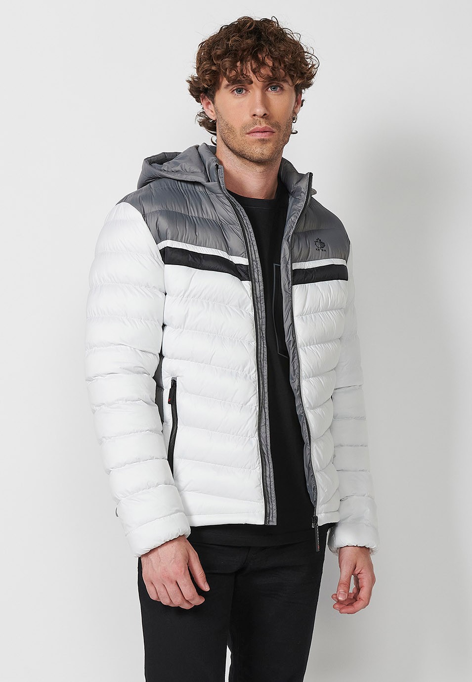 Padded Jacket with High Neck and Hood and Front Zip Closure in Ecru for Men 7