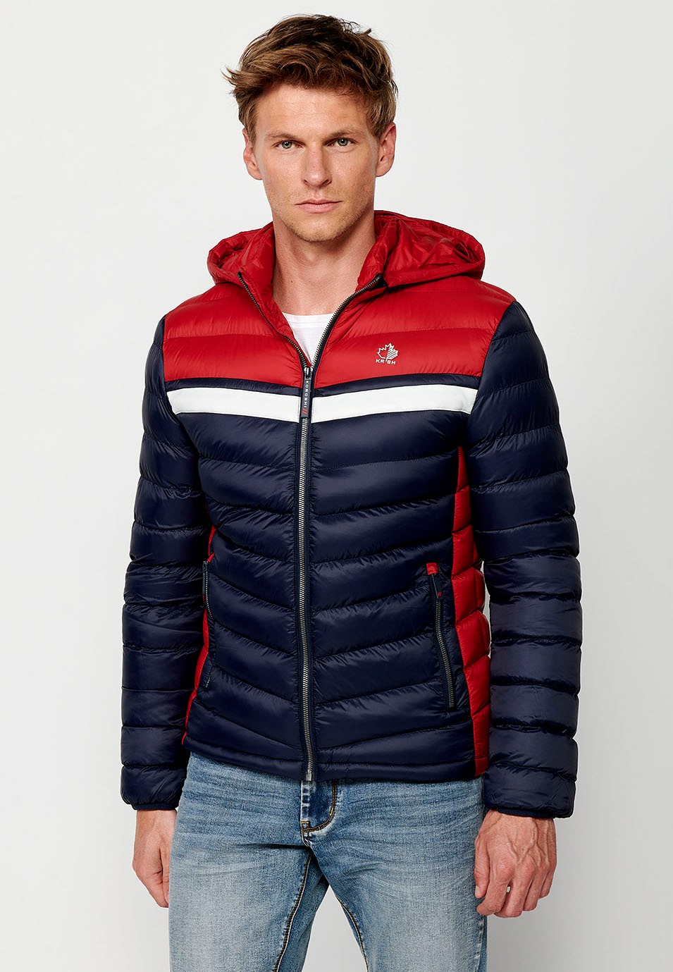 Padded Jacket with High Neck and Hood and Front Zip Closure in Navy for Men