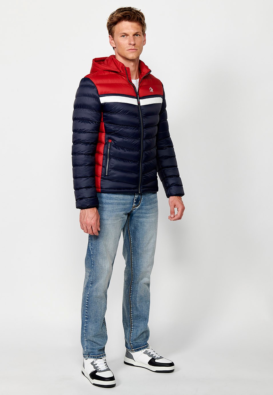 Padded Jacket with High Neck and Hood and Front Zip Closure in Navy for Men 3