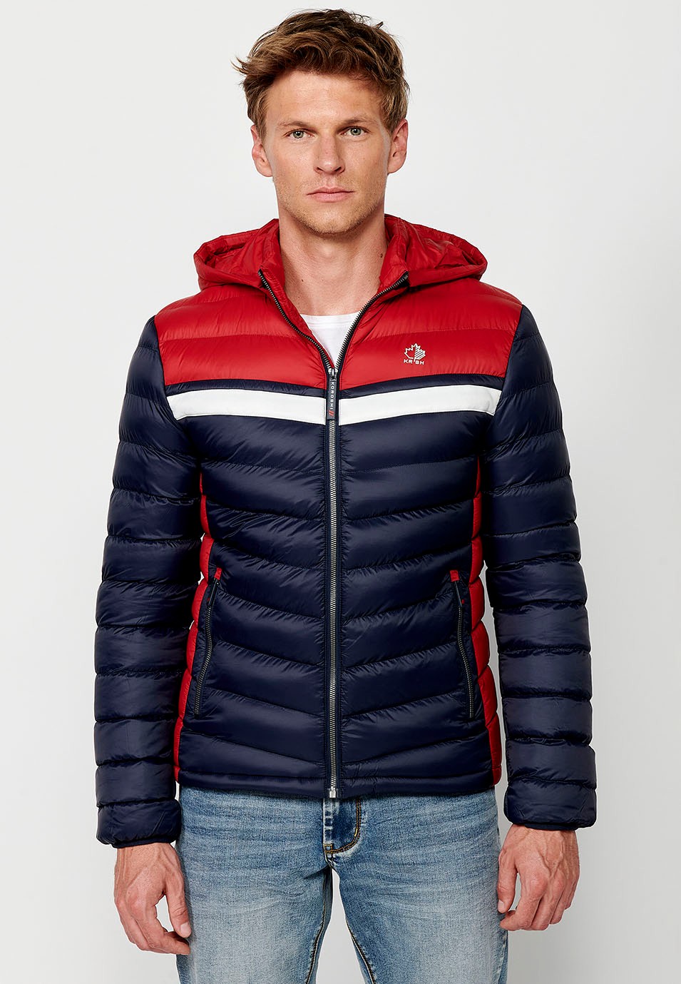 Padded Jacket with High Neck and Hood and Front Zip Closure in Navy for Men 2